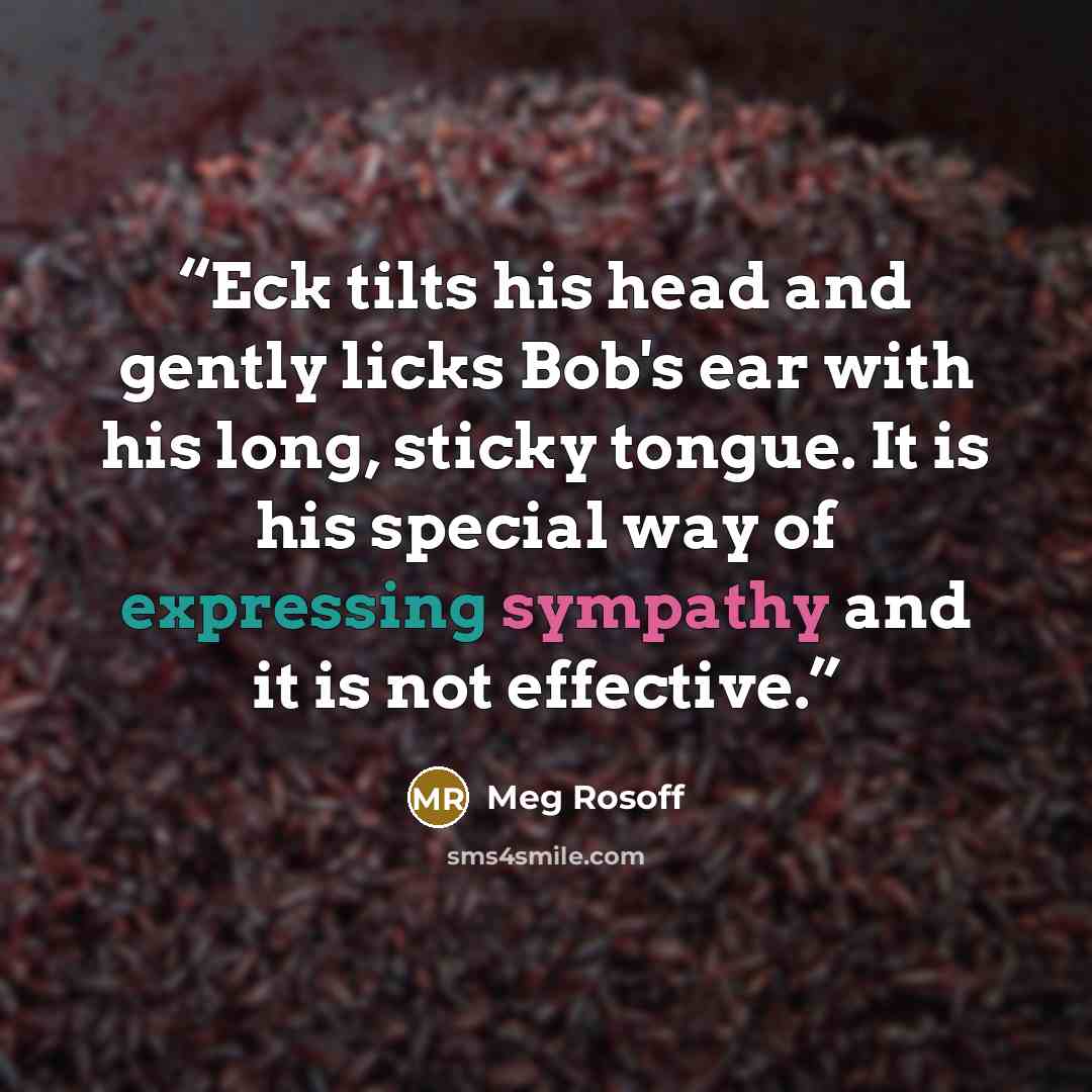 “Eck tilts his head and gently licks Bob's ear with his long, sticky tongue. It is his special way of expressing sympathy and it is not effective.” quote by Meg Rosoff