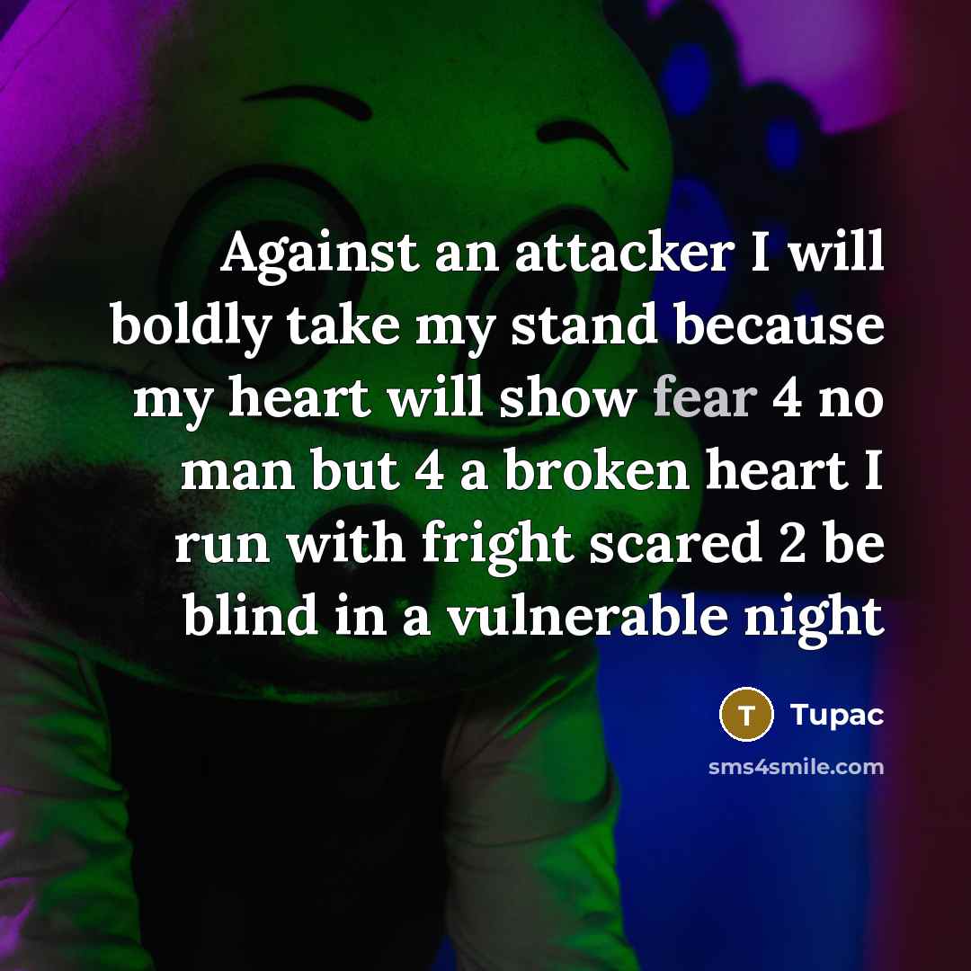 “Against an attacker I will boldly take my stand because my heart will show fear 4 no man but 4 a broken heart I run with fright scared 2 be blind in a vulnerable night” quote by Tupac