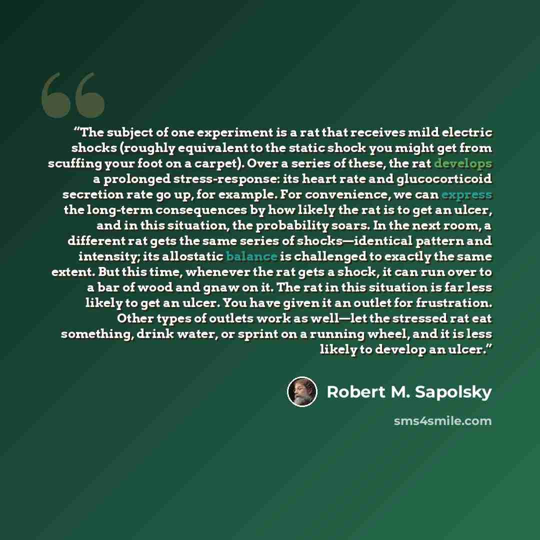 “The subject of one experiment is a rat that receives mild electric shocks (roughly equivalent to the static shock you might get from scuffing your foot on a carpet). Over a series of these, the rat develops a prolonged stress-response: its heart rate and glucocorticoid secretion rate go up, for…” quote by Robert M. Sapolsky