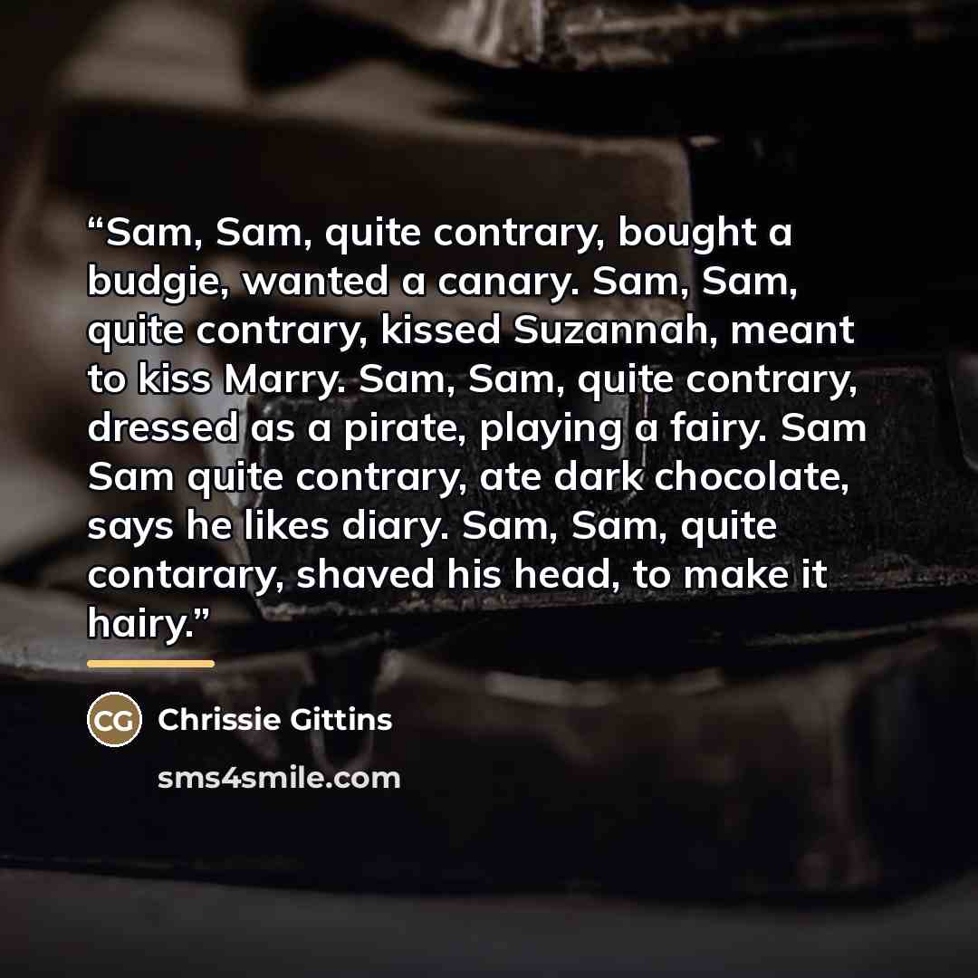 “Sam, Sam, quite contrary, bought a budgie, wanted a canary. Sam, Sam, quite contrary, kissed Suzannah, meant to kiss Marry. Sam, Sam, quite contrary, dressed as a pirate, playing a fairy. Sam Sam quite contrary, ate dark chocolate, says he likes diary. Sam, Sam, quite contarary, shaved his head…” quote by Chrissie Gittins
