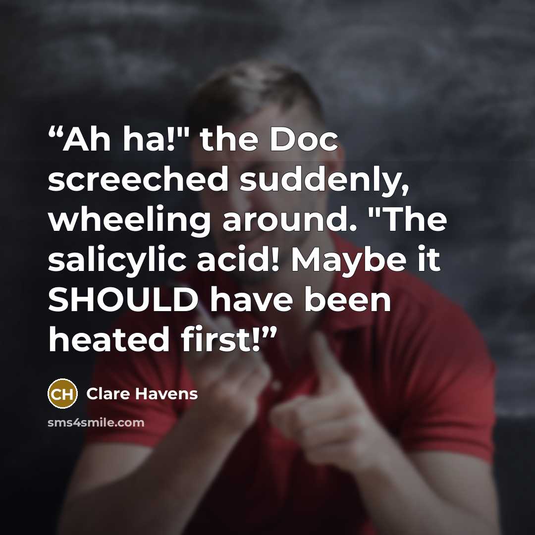 “Ah ha!" the Doc screeched suddenly, wheeling around. "The salicylic acid! Maybe it SHOULD have been heated first!” quote by Clare Havens
