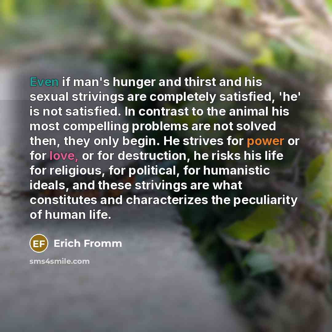 “Even if man's hunger and thirst and his sexual strivings are completely satisfied, 'he' is not satisfied. In contrast to the animal his most compelling problems are not solved then, they only begin. He strives for power or for love, or for destruction, he risks his life for religious, for…” quote by Erich Fromm