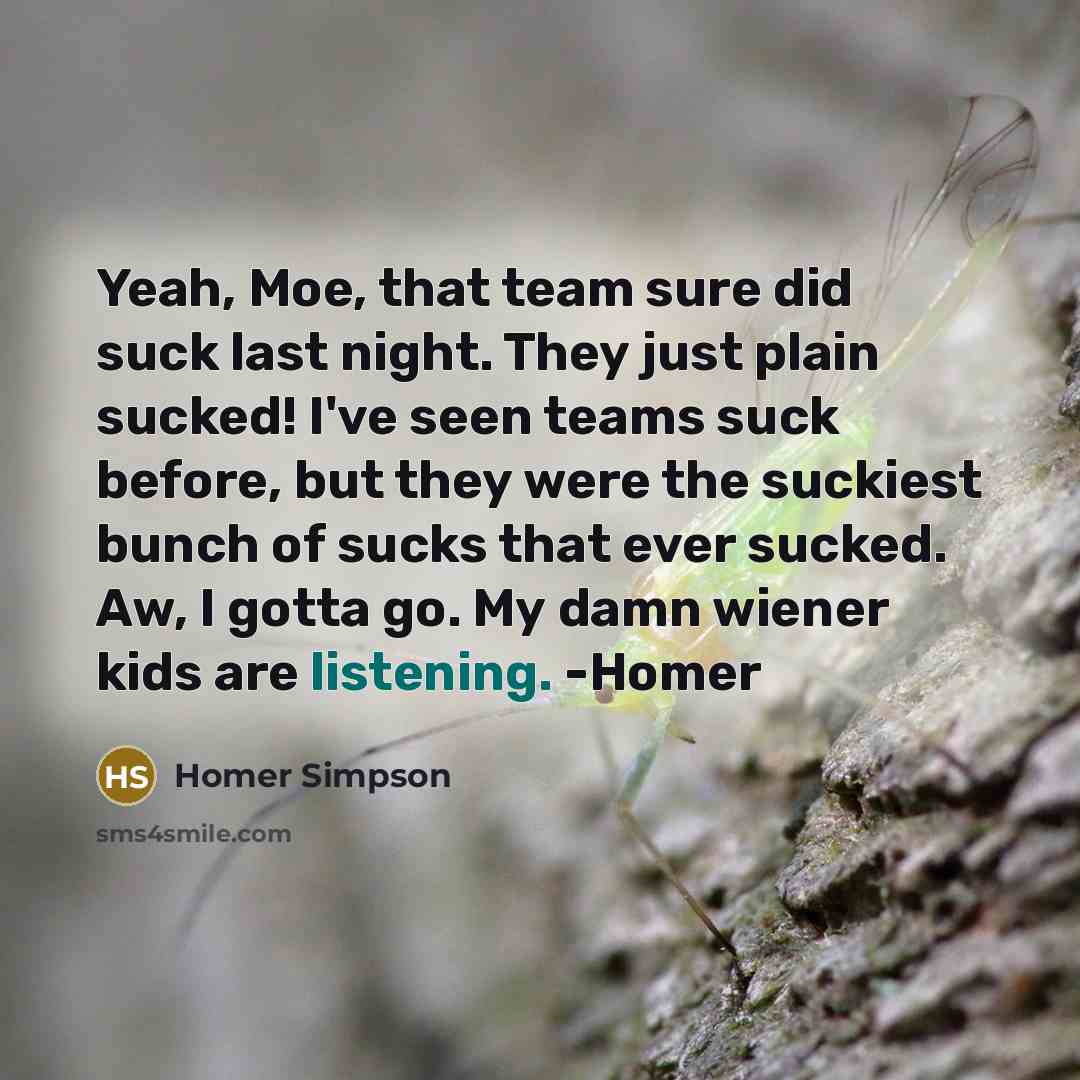 “Yeah, Moe, that team sure did suck last night. They just plain sucked! I've seen teams suck before, but they were the suckiest bunch of sucks that ever sucked. Aw, I gotta go. My damn wiener kids are listening. -Homer” quote by Homer Simpson