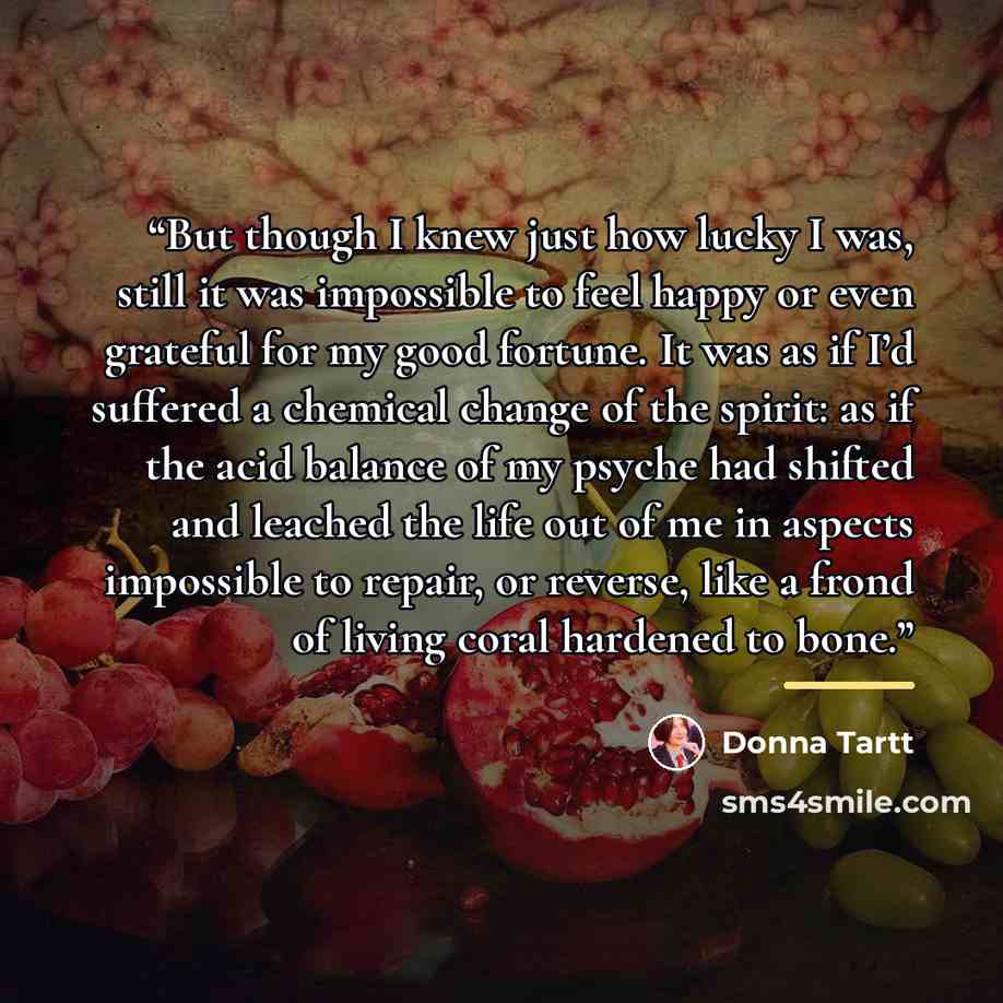 “But though I knew just how lucky I was, still it was impossible to feel happy or even grateful for my good fortune. It was as if I’d suffered a chemical change of the spirit: as if the acid balance of my psyche had shifted and leached the life out of me in aspects impossible to repair, or reverse…” quote by Donna Tartt