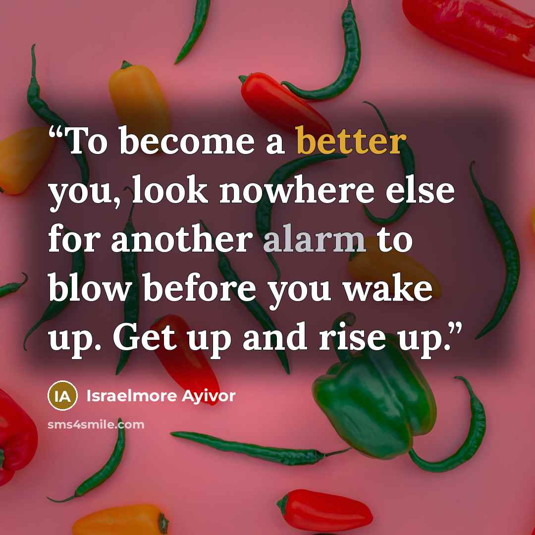 “To become a better you, look nowhere else for another alarm to blow before you wake up. Get up and rise up.” quote by Israelmore Ayivor