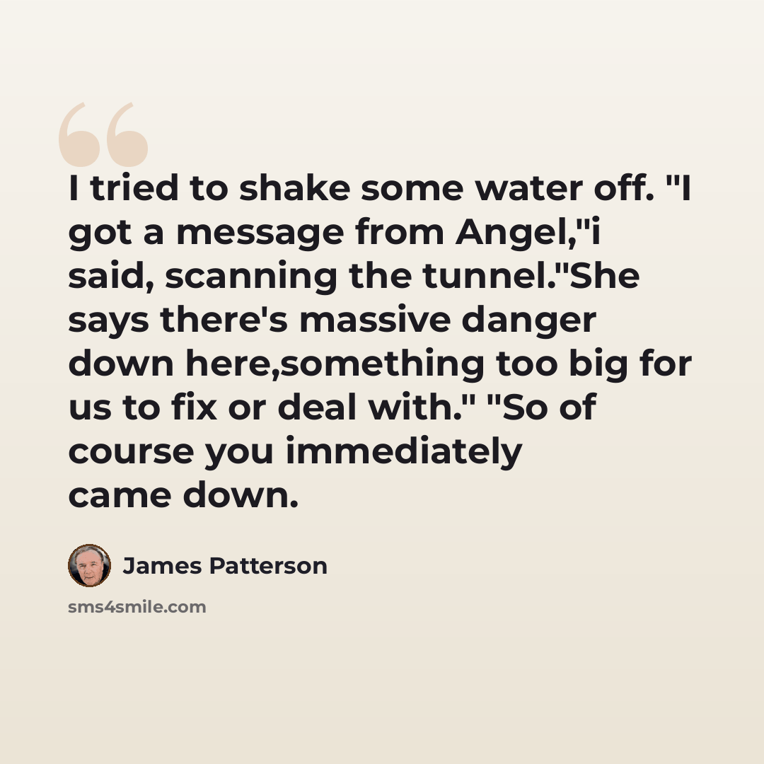 “I tried to shake some water off. "I got a message from Angel,"i said, scanning the tunnel."She says there's massive danger down here,something too big for us to fix or deal with." "So of course you immediately came down.” quote by James Patterson