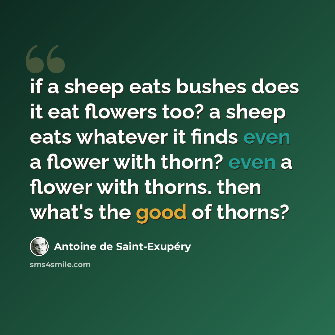 “if a sheep eats bushes does it eat flowers too? a sheep eats whatever it finds even a flower with thorn? even a flower with thorns. then what's the good of thorns?” quote by Antoine de Saint-Exupery