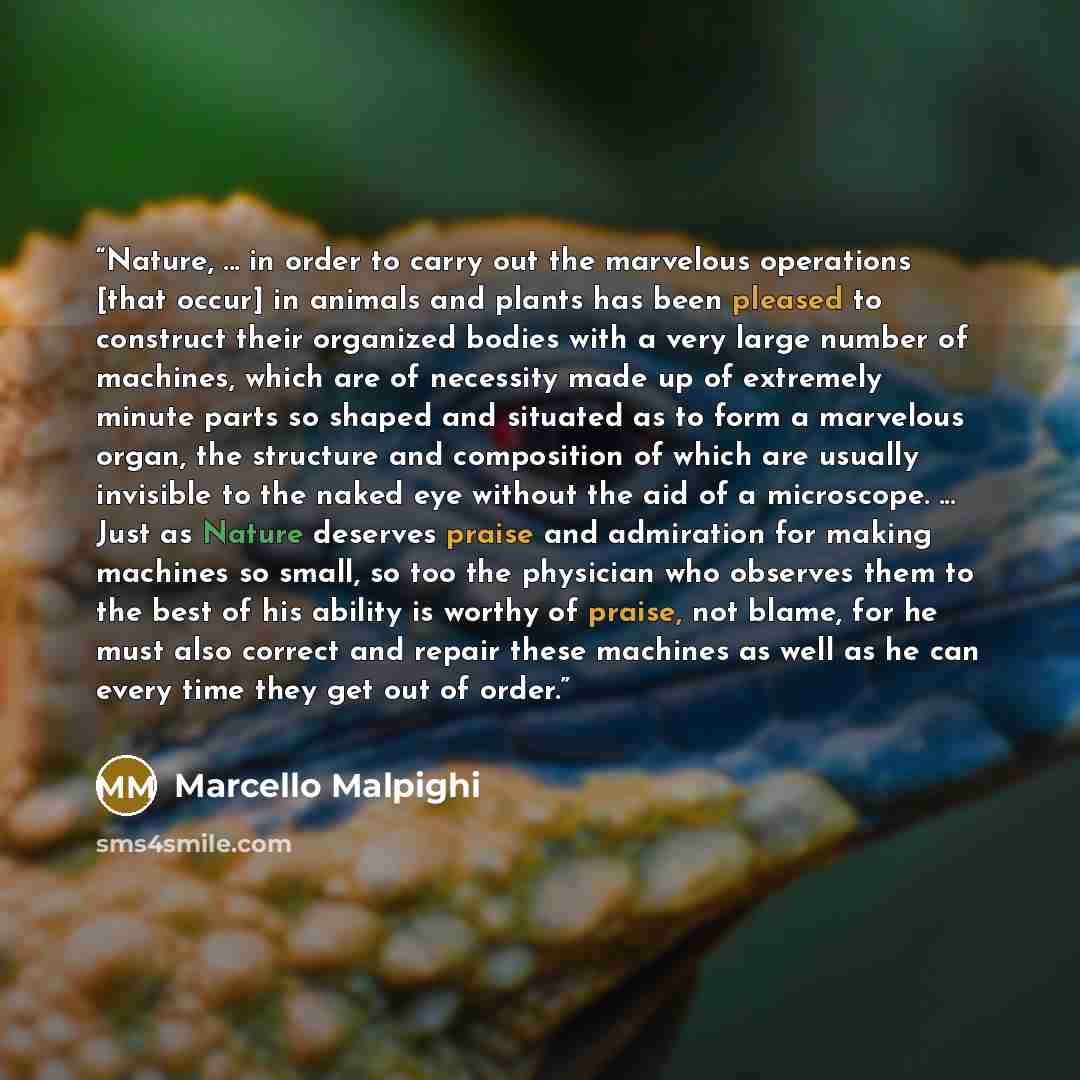 “Nature, ... in order to carry out the marvelous operations [that occur] in animals and plants has been pleased to construct their organized bodies with a very large number of machines, which are of necessity made up of extremely minute parts so shaped and situated as to form a marvelous organ, the…” quote by Marcello Malpighi