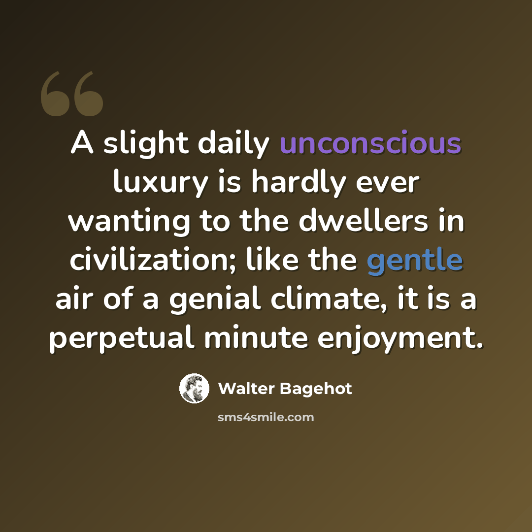 “A slight daily unconscious luxury is hardly ever wanting to the dwellers in civilization; like the gentle air of a genial climate, it is a perpetual minute enjoyment.” quote by Walter Bagehot