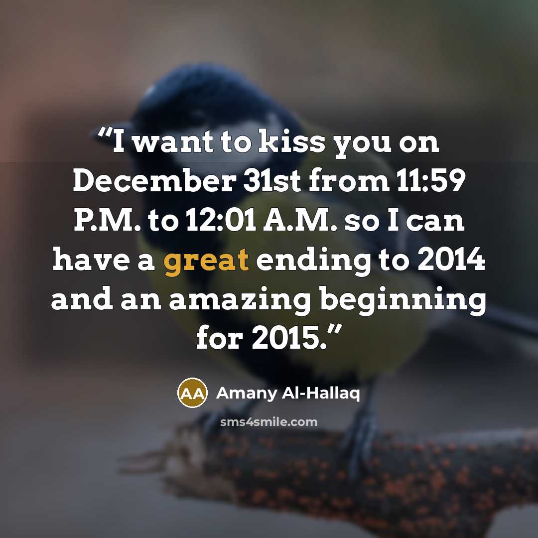 “I want to kiss you on December 31st from 11:59 P.M. to 12:01 A.M. so I can have a great ending to 2014 and an amazing beginning for 2015.” quote by Amany Al-Hallaq