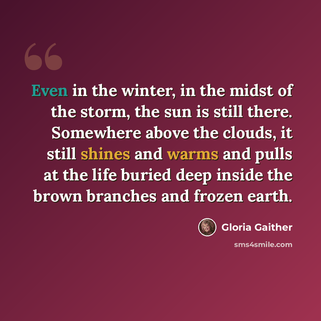 “Even in the winter, in the midst of the storm, the sun is still there. Somewhere above the clouds, it still shines and warms and pulls at the life buried deep inside the brown branches and frozen earth.” quote by Gloria Gaither