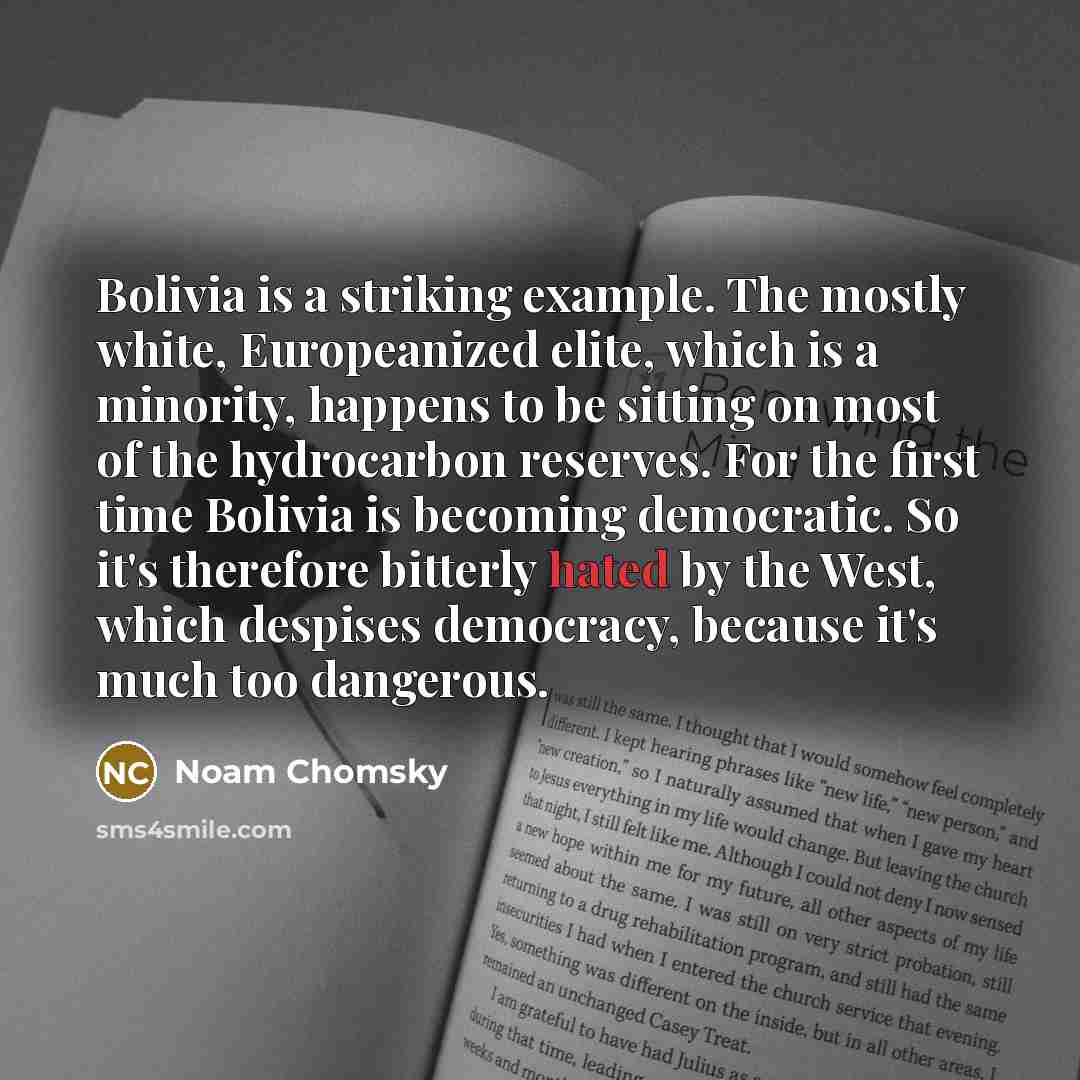 “Bolivia is a striking example. The mostly white, Europeanized elite, which is a minority, happens to be sitting on most of the hydrocarbon reserves. For the first time Bolivia is becoming democratic. So it's therefore bitterly hated by the West, which despises democracy, because it's much too…” quote by Noam Chomsky