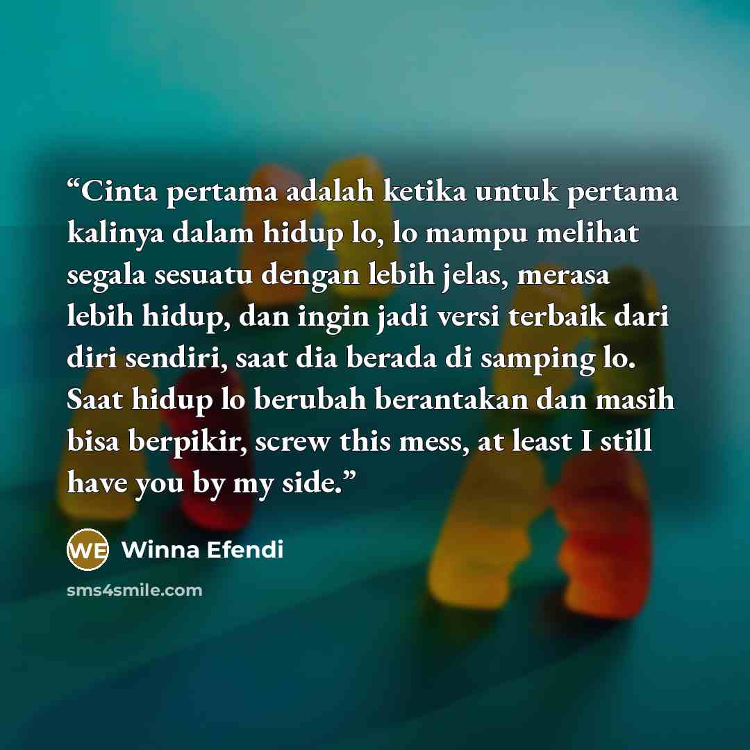 “Cinta pertama adalah ketika untuk pertama kalinya dalam hidup lo, lo mampu melihat segala sesuatu dengan lebih jelas, merasa lebih hidup, dan ingin jadi versi terbaik dari diri sendiri, saat dia berada di samping lo. Saat hidup lo berubah berantakan dan masih bisa berpikir, screw this mess, at…” quote by Winna Efendi