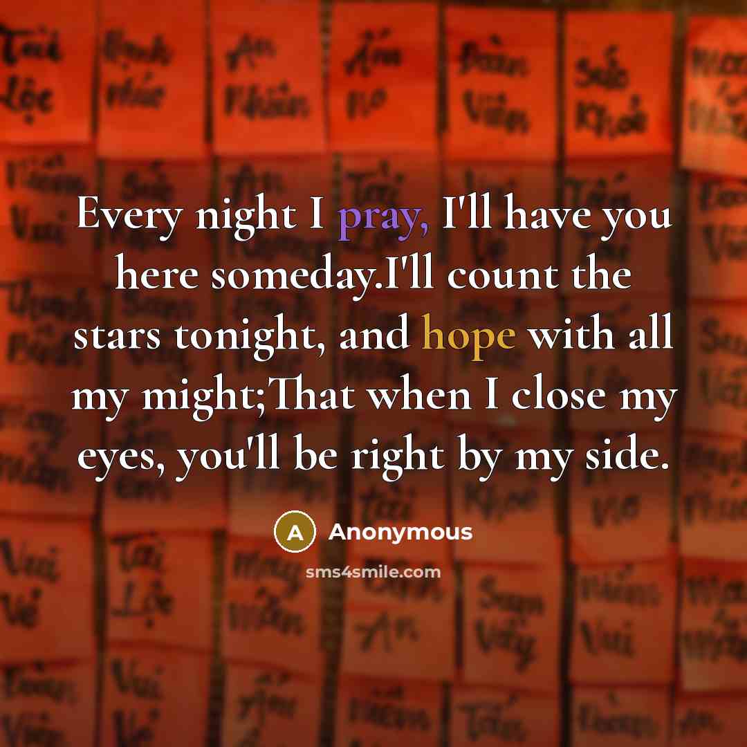 “Every night I pray, I'll have you here someday.I'll count the stars tonight, and hope with all my might;That when I close my eyes, you'll be right by my side.” quote by Anonymous