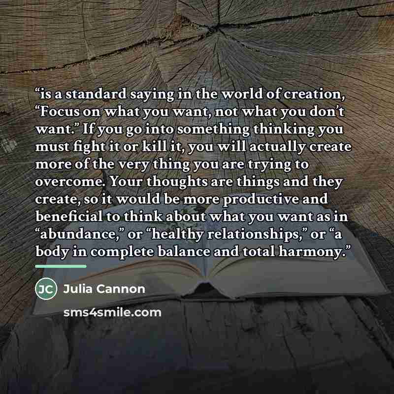 “is a standard saying in the world of creation, “Focus on what you want, not what you don’t want.” If you go into something thinking you must fight it or kill it, you will actually create more of the very thing you are trying to overcome. Your thoughts are things and they create, so it would be…” quote by Julia Cannon