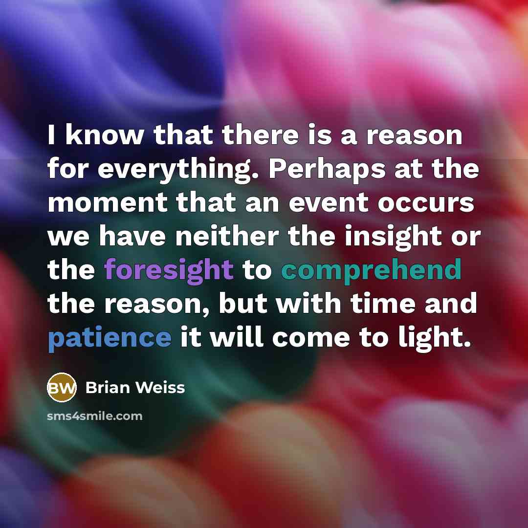 “I know that there is a reason for everything. Perhaps at the moment that an event occurs we have neither the insight or the foresight to comprehend the reason, but with time and patience it will come to light.” quote by Brian Weiss