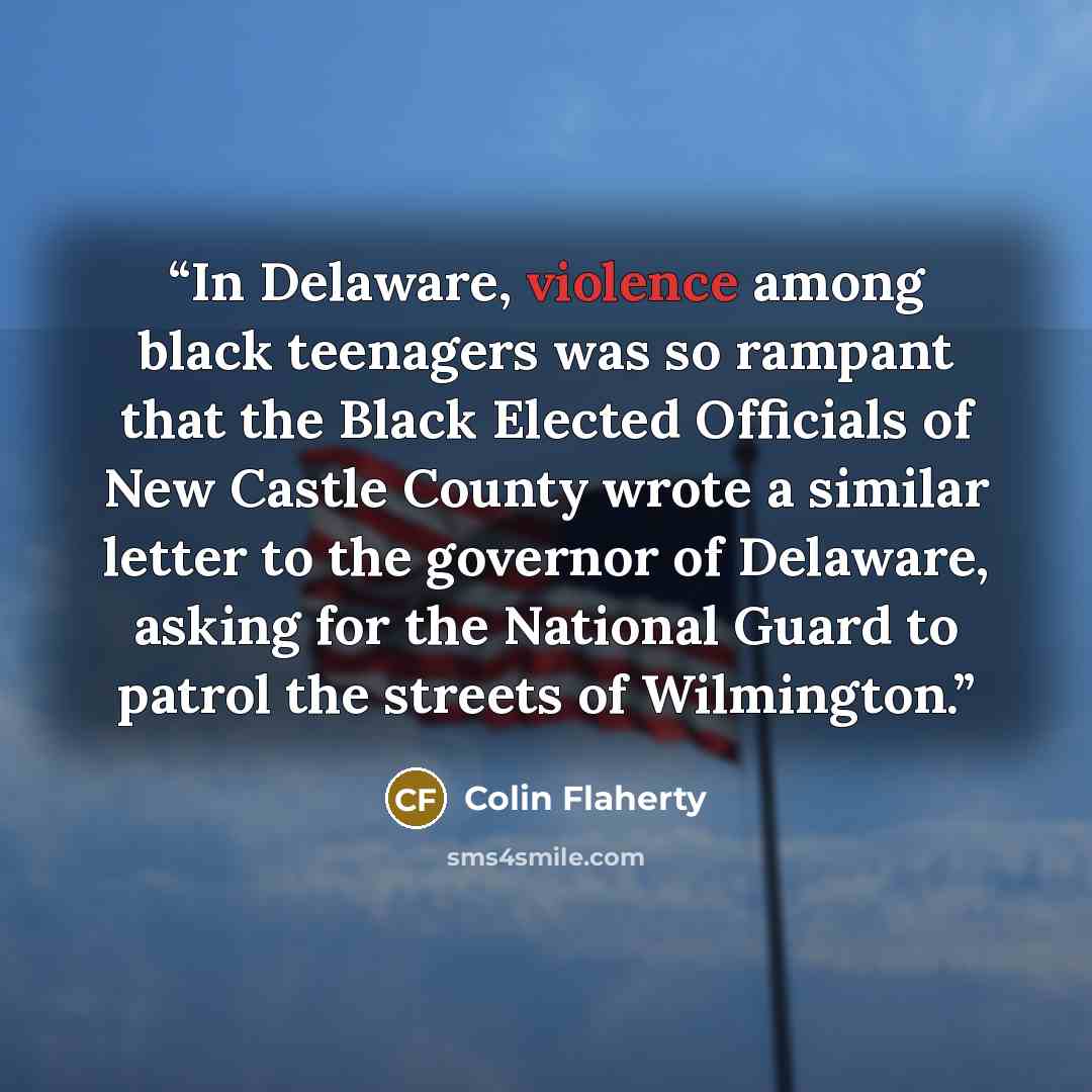 “In Delaware, violence among black teenagers was so rampant that the Black Elected Officials of New Castle County wrote a similar letter to the governor of Delaware, asking for the National Guard to patrol the streets of Wilmington.” quote by Colin Flaherty