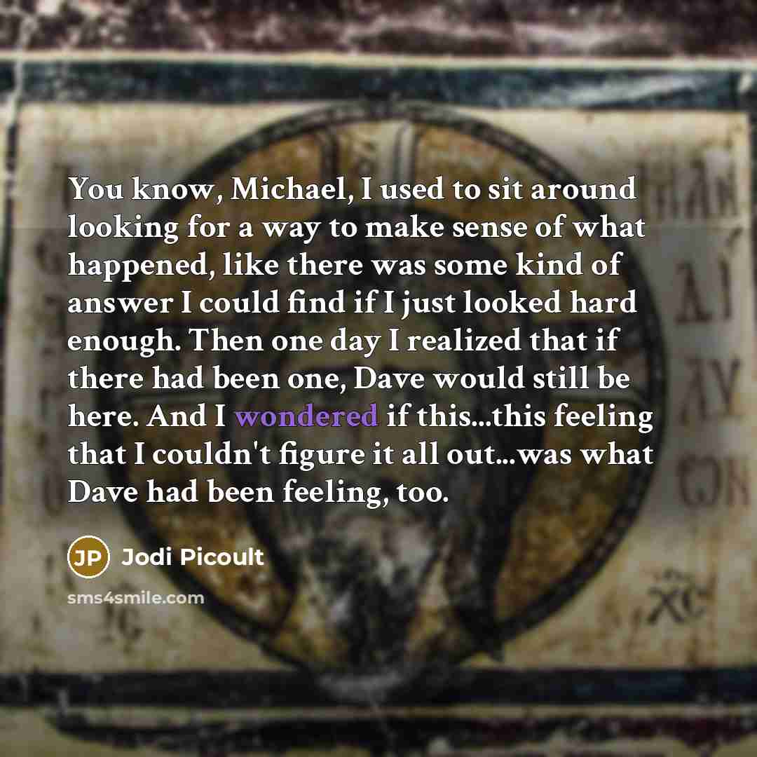 “You know, Michael, I used to sit around looking for a way to make sense of what happened, like there was some kind of answer I could find if I just looked hard enough. Then one day I realized that if there had been one, Dave would still be here. And I wondered if this...this feeling that I…” quote by Jodi Picoult
