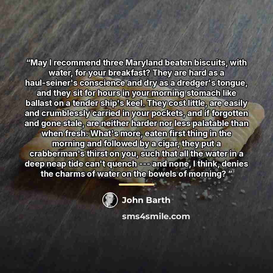 “May I recommend three Maryland beaten biscuits, with water, for your breakfast? They are hard as a haul-seiner's conscience and dry as a dredger's tongue, and they sit for hours in your morning stomach like ballast on a tender ship's keel. They cost little, are easily and crumblessly carried in…” quote by John Barth