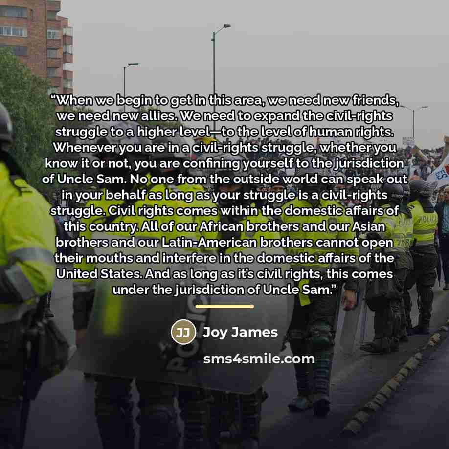 “When we begin to get in this area, we need new friends, we need new allies. We need to expand the civil-rights struggle to a higher level—to the level of human rights. Whenever you are in a civil-rights struggle, whether you know it or not, you are confining yourself to the jurisdiction of Uncle…” quote by Joy James