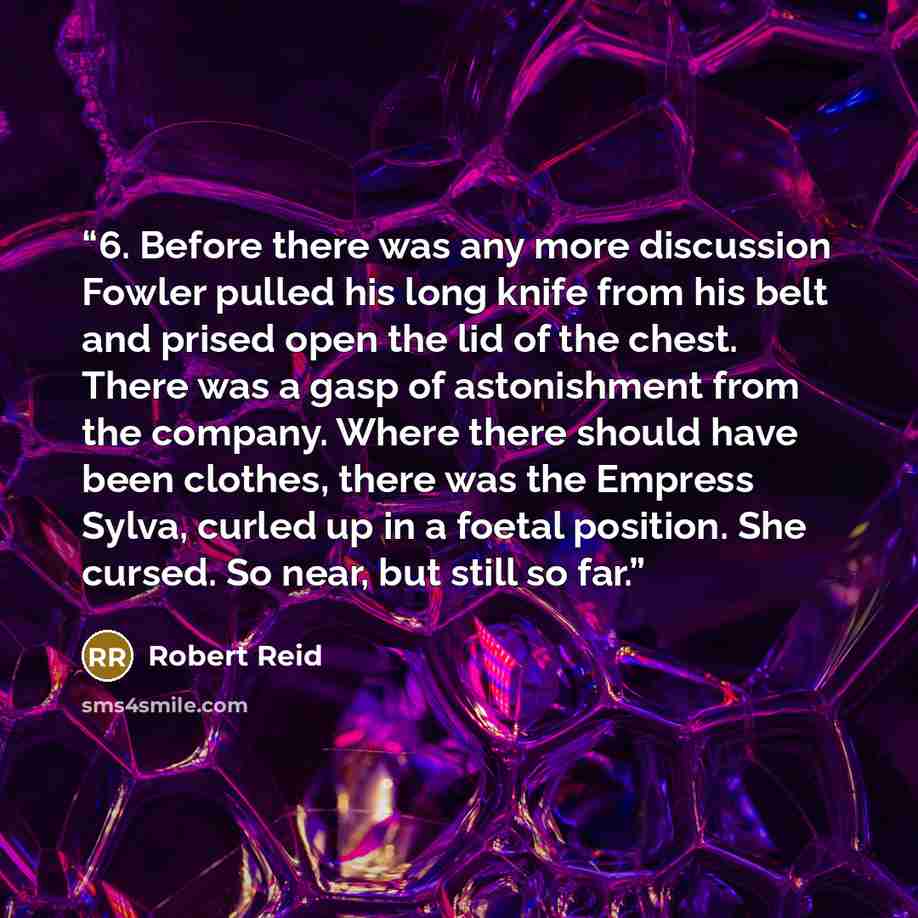 “6. Before there was any more discussion Fowler pulled his long knife from his belt and prised open the lid of the chest. There was a gasp of astonishment from the company. Where there should have been clothes, there was the Empress Sylva, curled up in a foetal position. She cursed. So near, but…” quote by Robert Reid