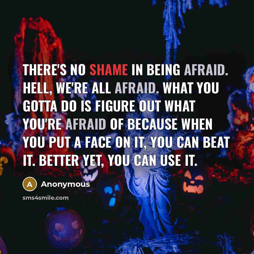 “There's no shame in being afraid. Hell, we're all afraid. What you gotta do is figure out what you're afraid of because when you put a face on it, you can beat it. Better yet, you can use it.” quote by Anonymous
