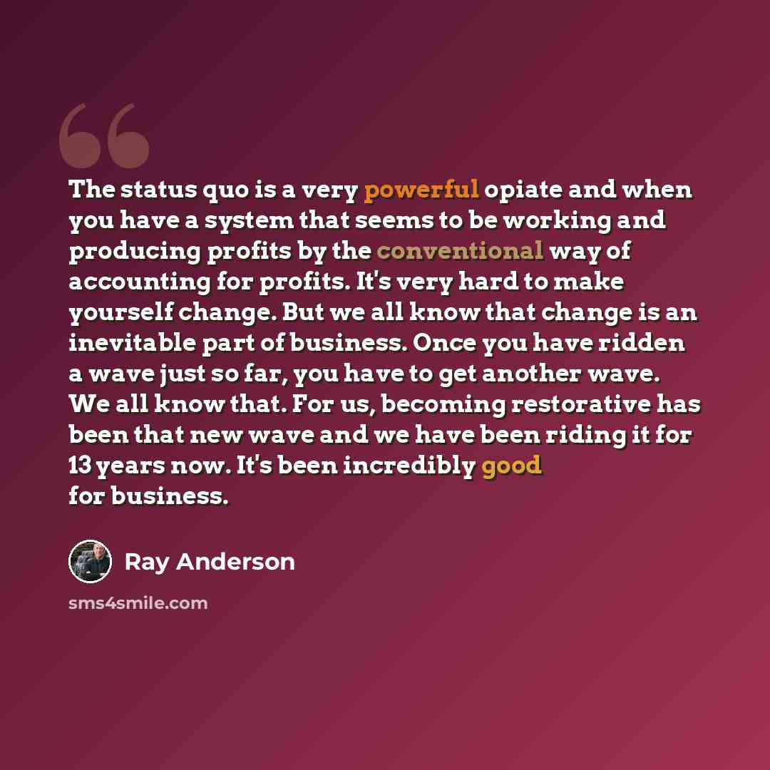 “The status quo is a very powerful opiate and when you have a system that seems to be working and producing profits by the conventional way of accounting for profits. It's very hard to make yourself change. But we all know that change is an inevitable part of business. Once you have ridden a wave…” quote by Ray Anderson