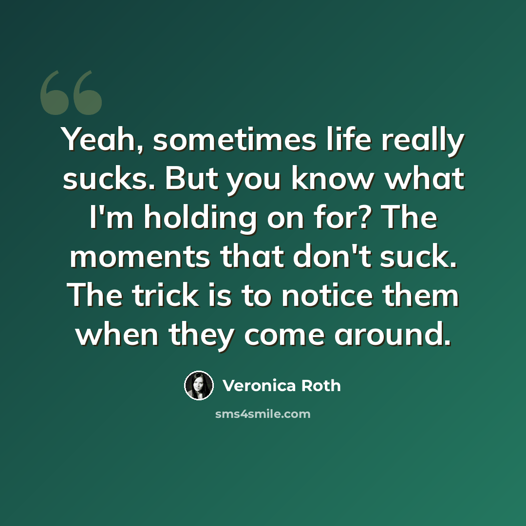 “Yeah, sometimes life really sucks. But you know what I'm holding on for? The moments that don't suck. The trick is to notice them when they come around.” quote by Veronica Roth