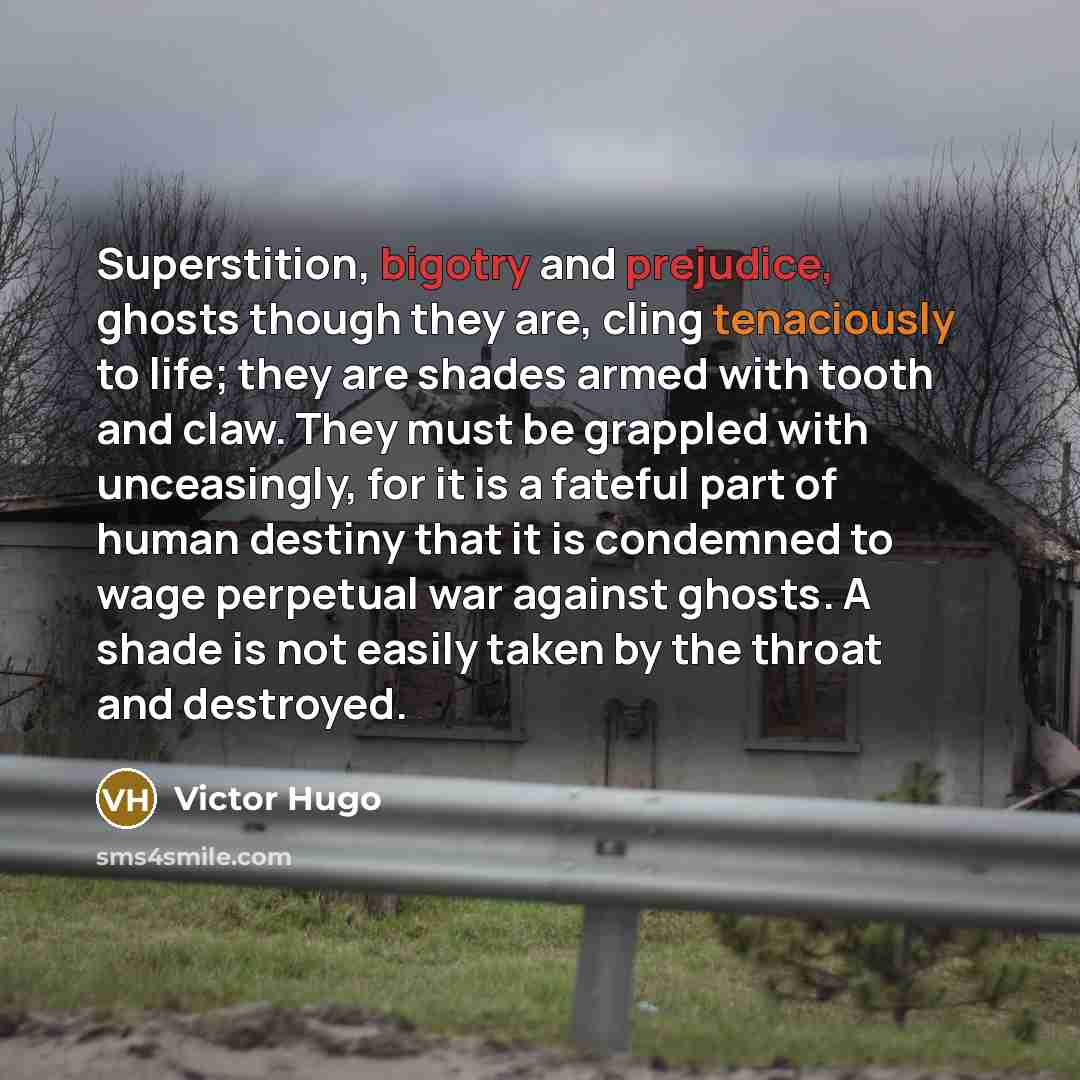 “Superstition, bigotry and prejudice, ghosts though they are, cling tenaciously to life; they are shades armed with tooth and claw. They must be grappled with unceasingly, for it is a fateful part of human destiny that it is condemned to wage perpetual war against ghosts. A shade is not easily…” quote by Victor Hugo