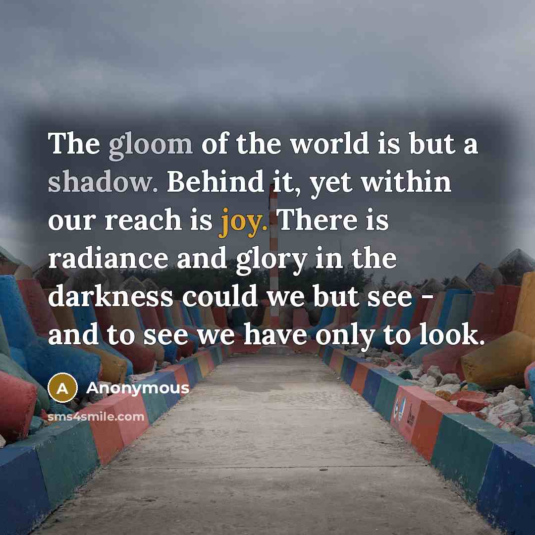 “The gloom of the world is but a shadow. Behind it, yet within our reach is joy. There is radiance and glory in the darkness could we but see - and to see we have only to look.” quote by Anonymous
