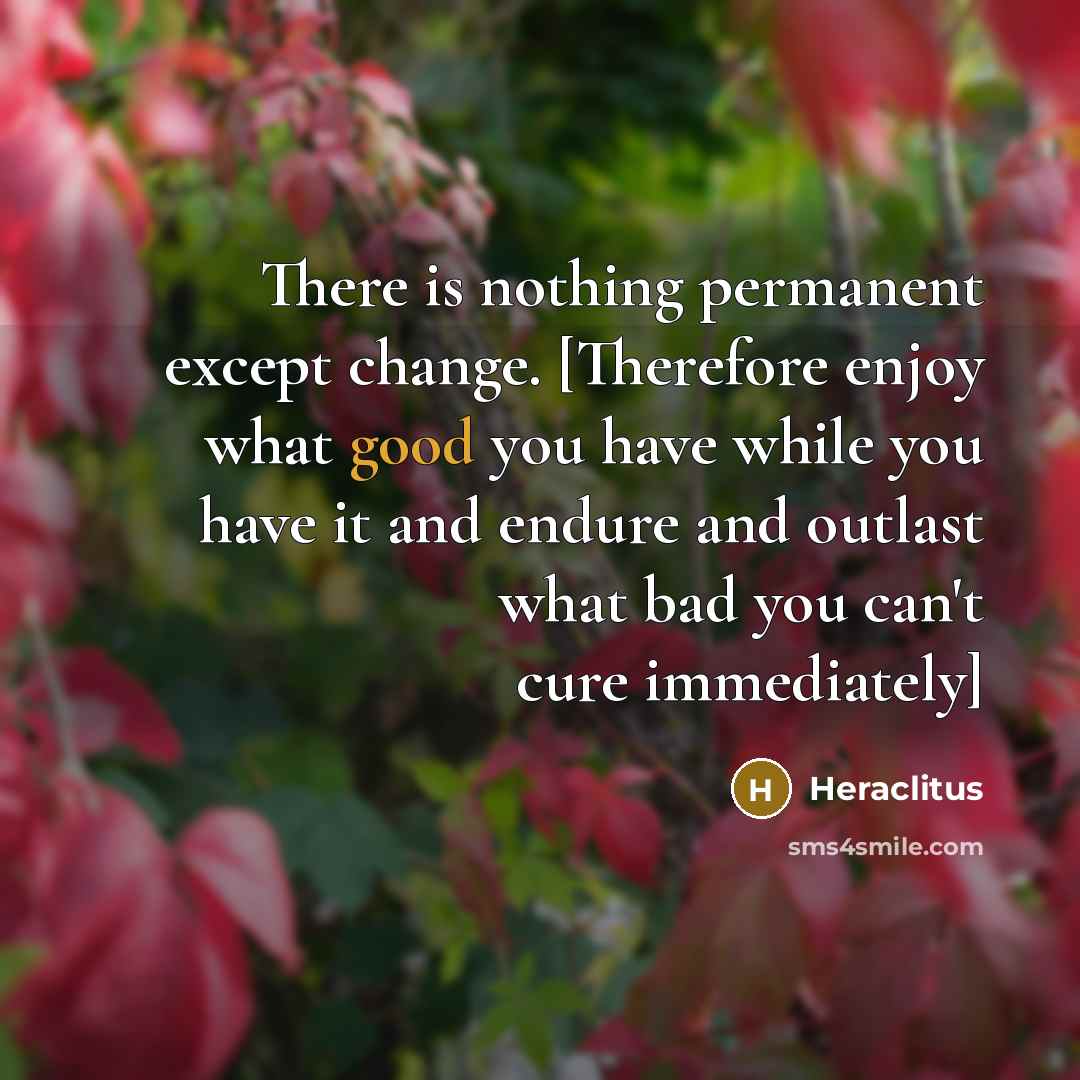 “There is nothing permanent except change. [Therefore enjoy what good you have while you have it and endure and outlast what bad you can't cure immediately]” quote by Heraclitus