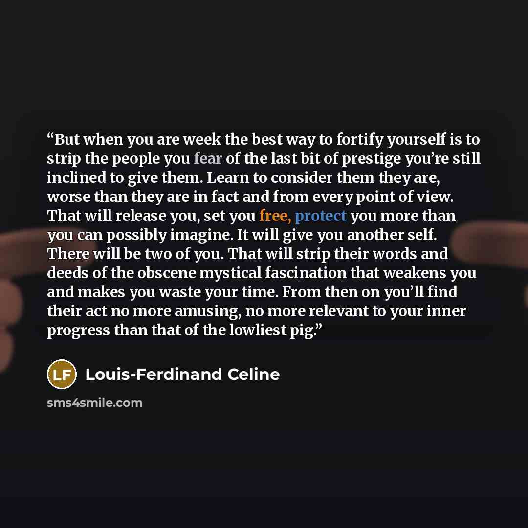“But when you are week the best way to fortify yourself is to strip the people you fear of the last bit of prestige you’re still inclined to give them. Learn to consider them they are, worse than they are in fact and from every point of view. That will release you, set you free, protect you more…” quote by Louis-Ferdinand Céline