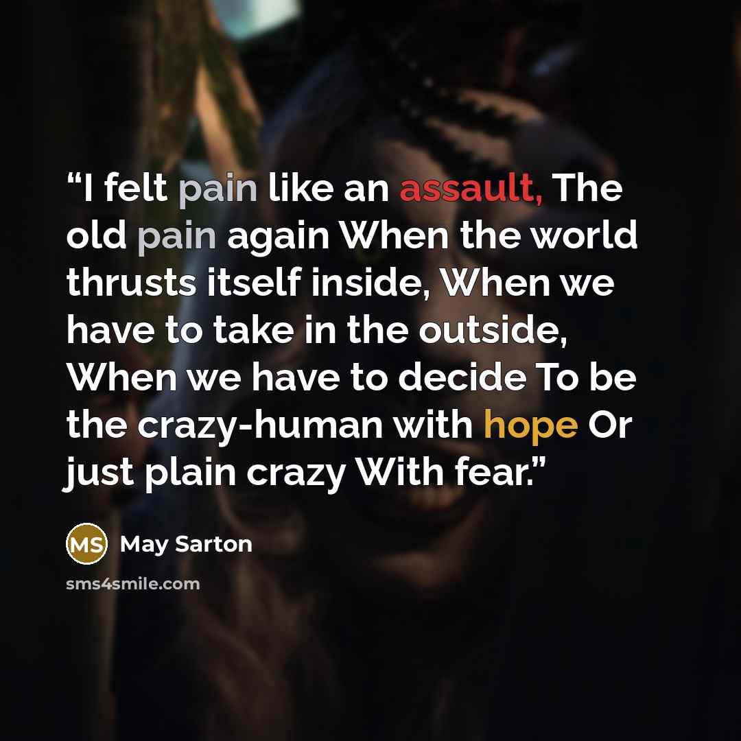 “I felt pain like an assault, The old pain again When the world thrusts itself inside, When we have to take in the outside, When we have to decide To be the crazy-human with hope Or just plain crazy With fear.” quote by May Sarton