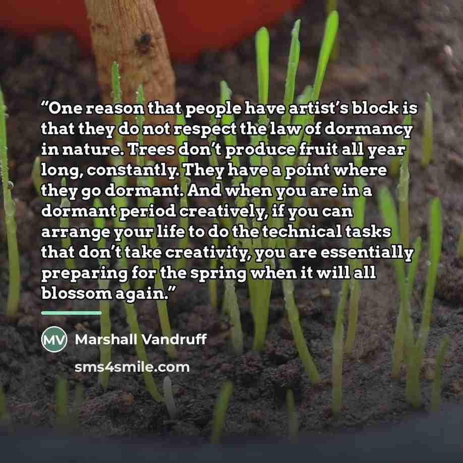 “One reason that people have artist’s block is that they do not respect the law of dormancy in nature. Trees don’t produce fruit all year long, constantly. They have a point where they go dormant. And when you are in a dormant period creatively, if you can arrange your life to do the technical…” quote by Marshall Vandruff