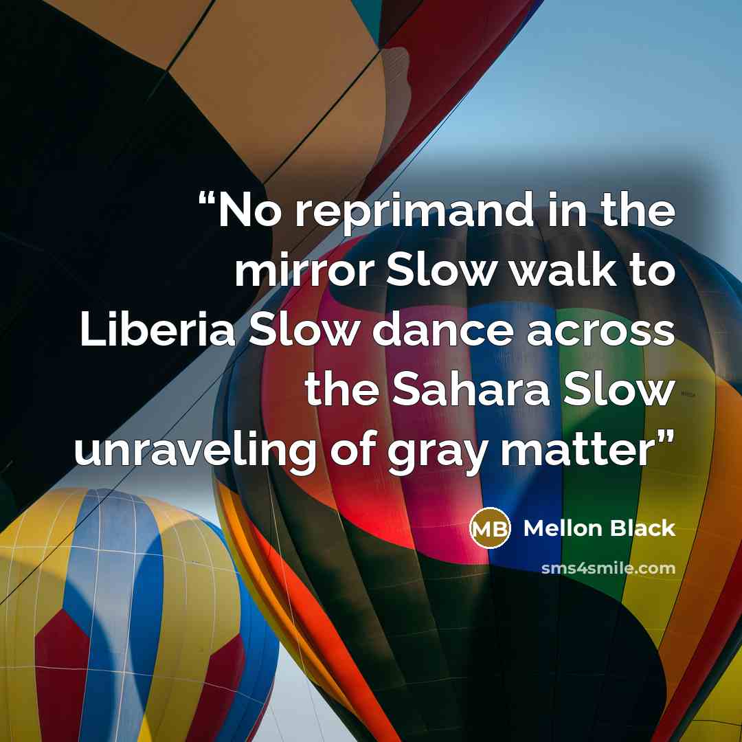 “No reprimand in the mirror Slow walk to Liberia Slow dance across the Sahara Slow unraveling of gray matter” quote by Mellon Black