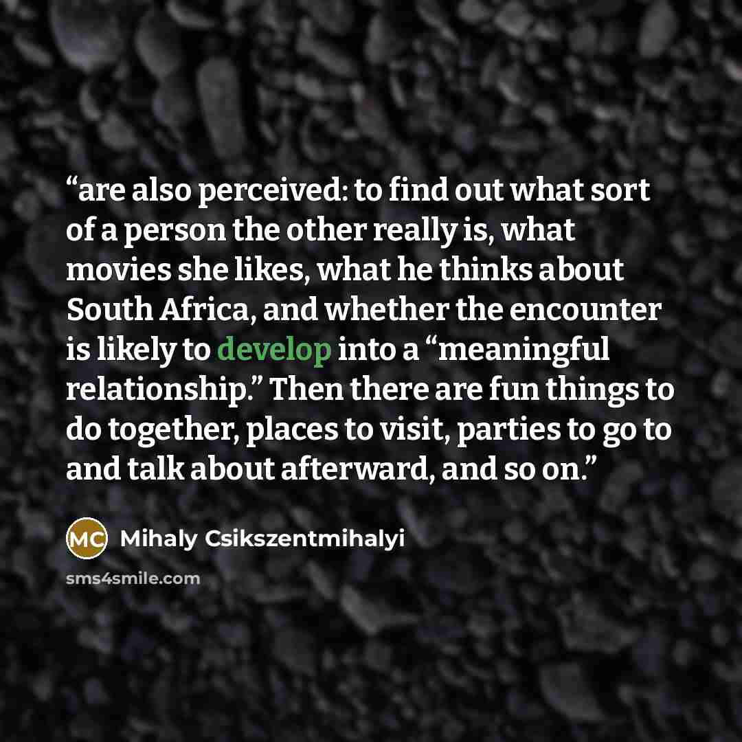 “are also perceived: to find out what sort of a person the other really is, what movies she likes, what he thinks about South Africa, and whether the encounter is likely to develop into a “meaningful relationship.” Then there are fun things to do together, places to visit, parties to go to and talk…” quote by Mihaly Csikszentmihalyi