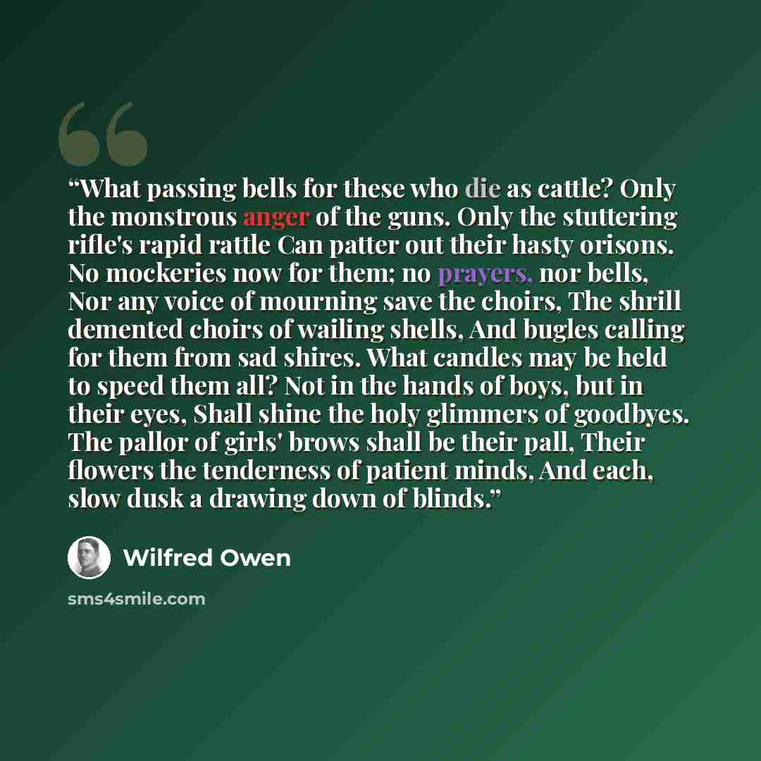 “What passing bells for these who die as cattle? Only the monstrous anger of the guns. Only the stuttering rifle's rapid rattle Can patter out their hasty orisons. No mockeries now for them; no prayers, nor bells, Nor any voice of mourning save the choirs, The shrill demented choirs of wailing…” quote by Wilfred Owen