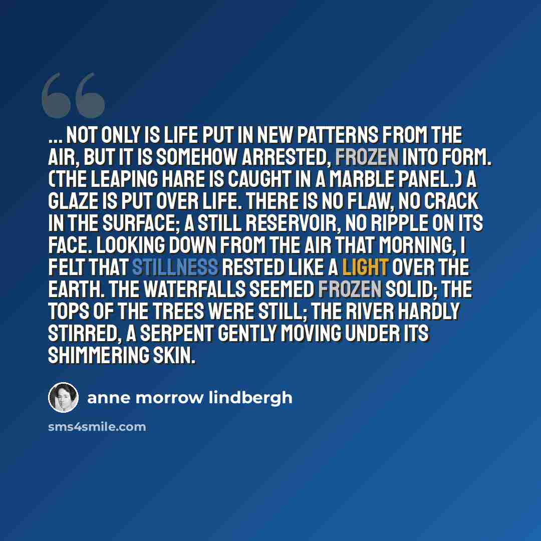 “... not only is life put in new patterns from the air, but it is somehow arrested, frozen into form. (The leaping hare is caught in a marble panel.) A glaze is put over life. There is no flaw, no crack in the surface; a still reservoir, no ripple on its face. Looking down from the air that…” quote by Anne Morrow Lindbergh