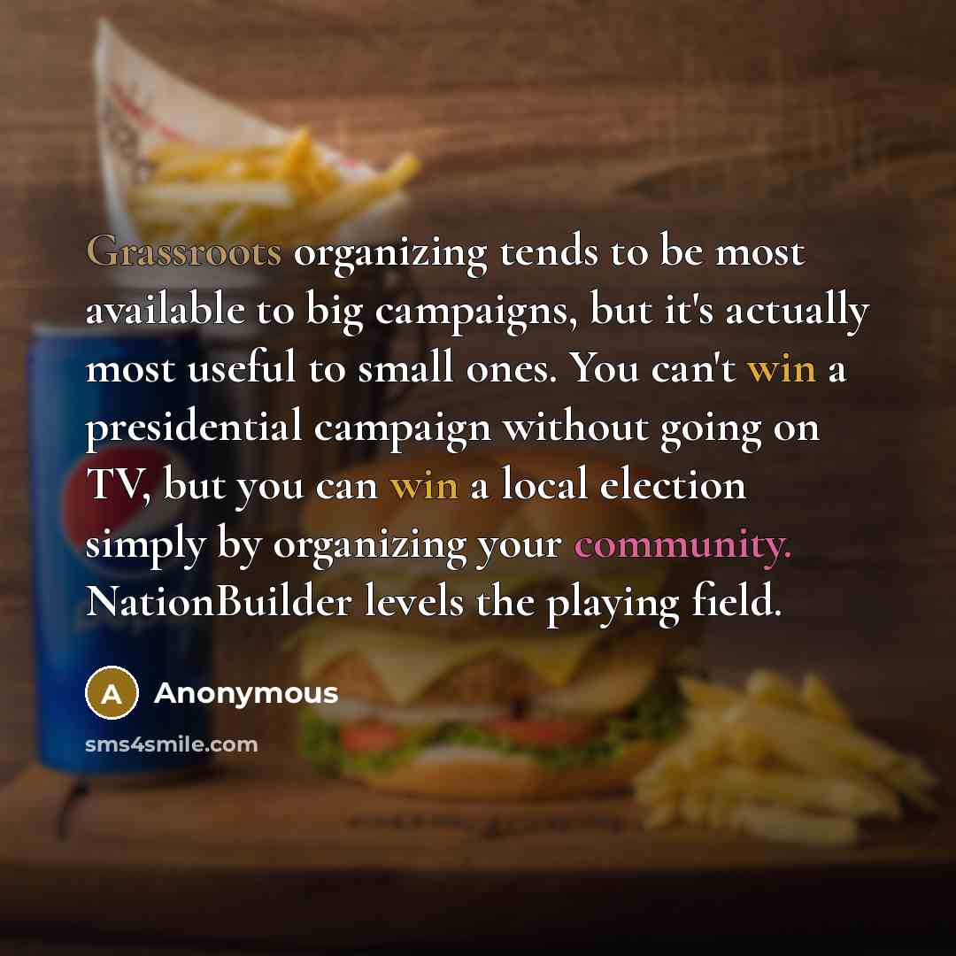“Grassroots organizing tends to be most available to big campaigns, but it's actually most useful to small ones. You can't win a presidential campaign without going on TV, but you can win a local election simply by organizing your community. NationBuilder levels the playing field.” quote by Anonymous