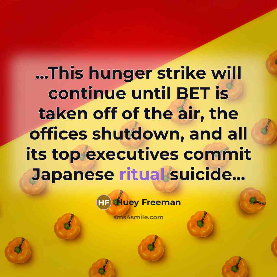 “...This hunger strike will continue until BET is taken off of the air, the offices shutdown, and all its top executives commit Japanese ritual suicide...” quote by Huey Freeman