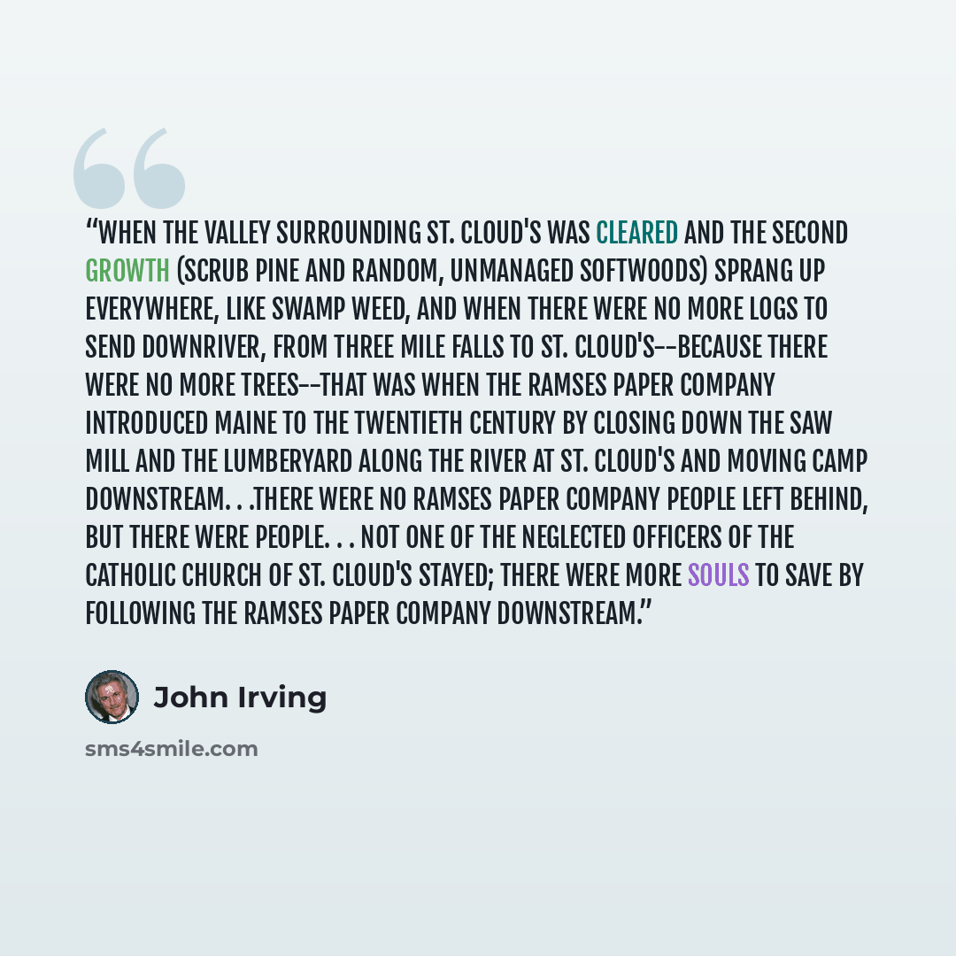 “When the valley surrounding St. Cloud's was cleared and the second growth (scrub pine and random, unmanaged softwoods) sprang up everywhere, like swamp weed, and when there were no more logs to send downriver, from Three Mile Falls to St. Cloud's--because there were no more trees--that was when…” quote by John Irving