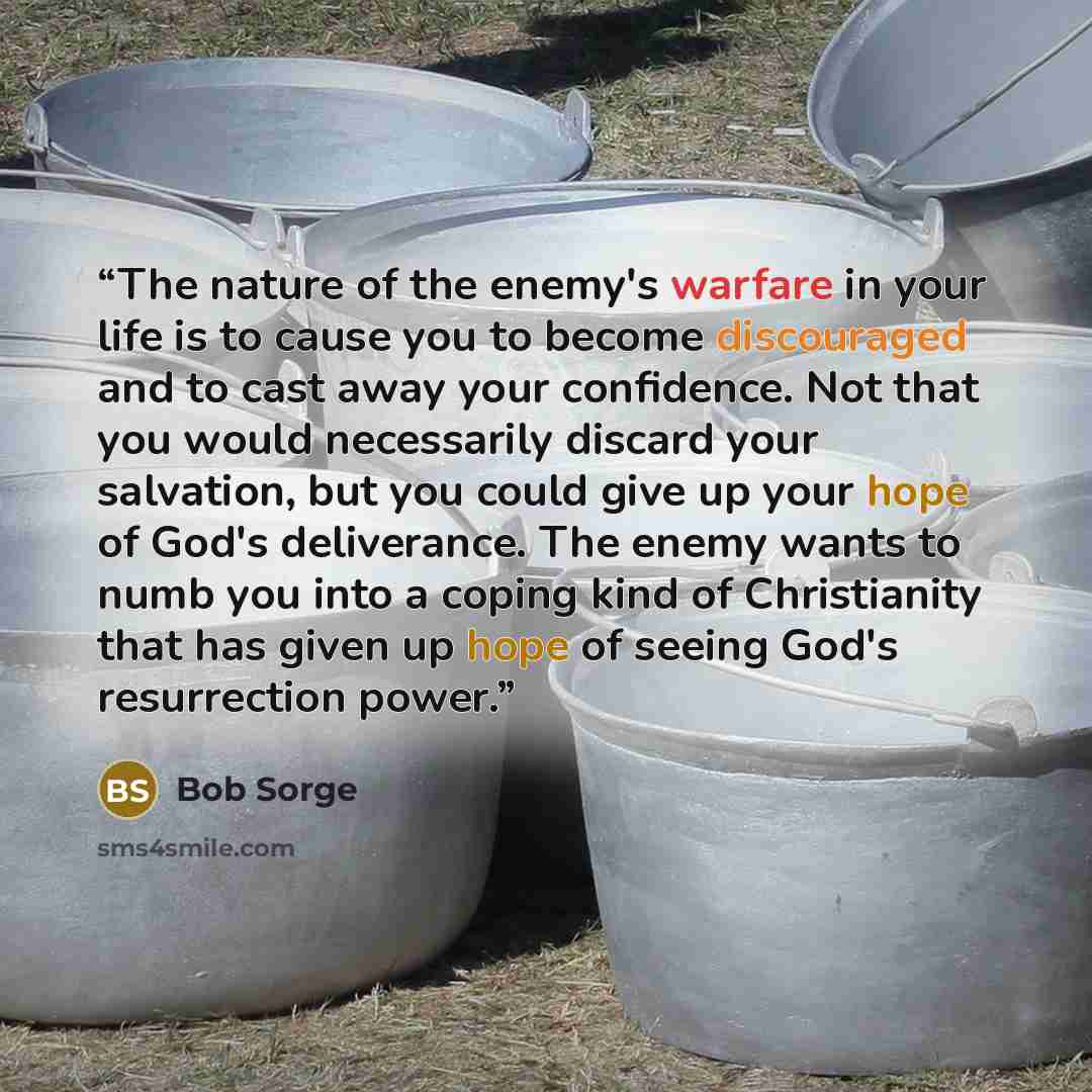 “The nature of the enemy's warfare in your life is to cause you to become discouraged and to cast away your confidence. Not that you would necessarily discard your salvation, but you could give up your hope of God's deliverance. The enemy wants to numb you into a coping kind of Christianity that…” quote by Bob Sorge