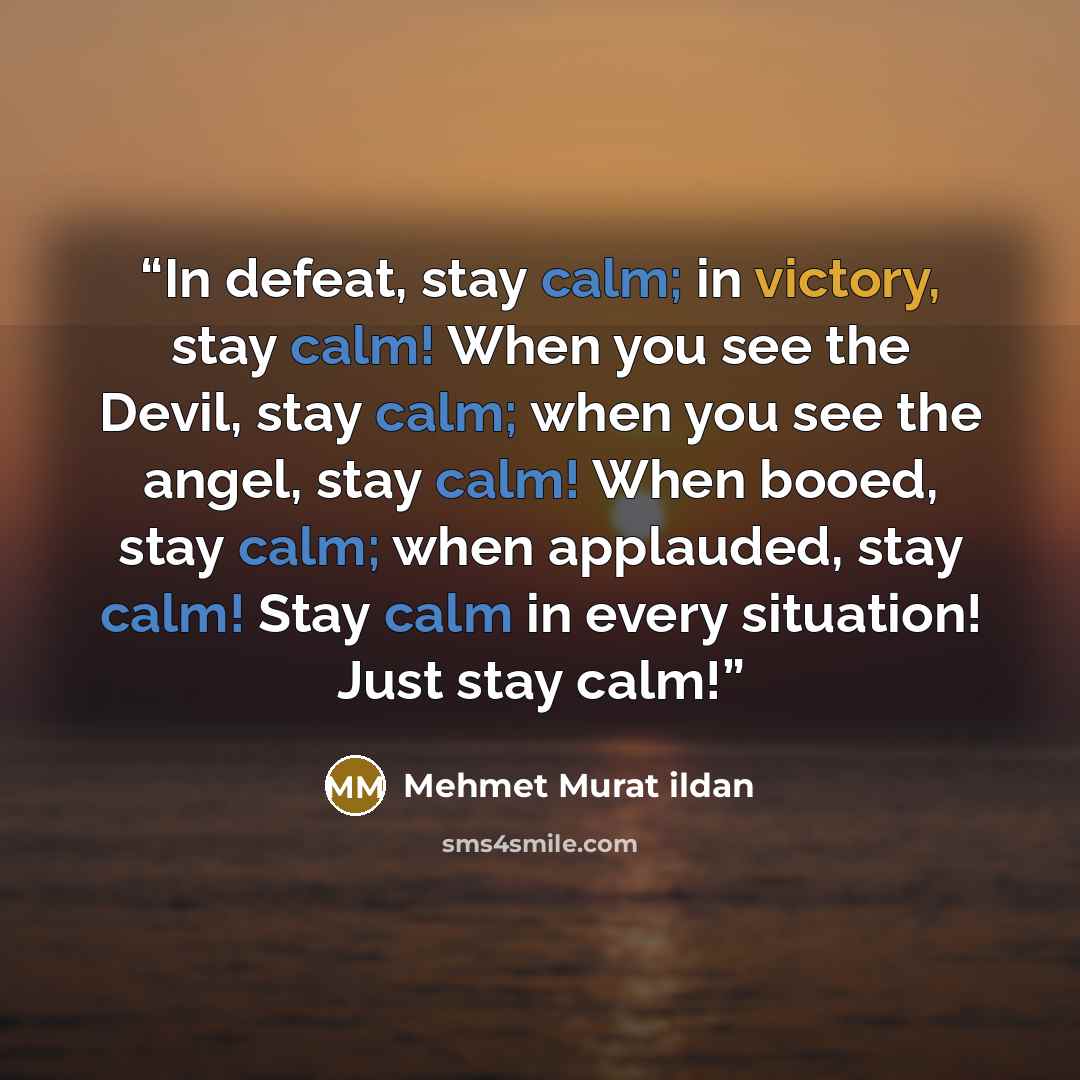 “In defeat, stay calm; in victory, stay calm! When you see the Devil, stay calm; when you see the angel, stay calm! When booed, stay calm; when applauded, stay calm! Stay calm in every situation! Just stay calm!” quote by Mehmet Murat ildan