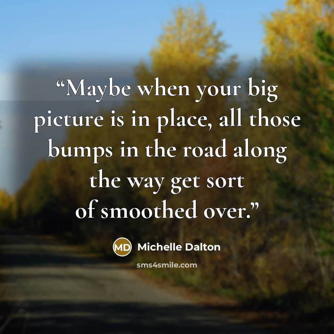 “Maybe when your big picture is in place, all those bumps in the road along the way get sort of smoothed over.” quote by Michelle Dalton