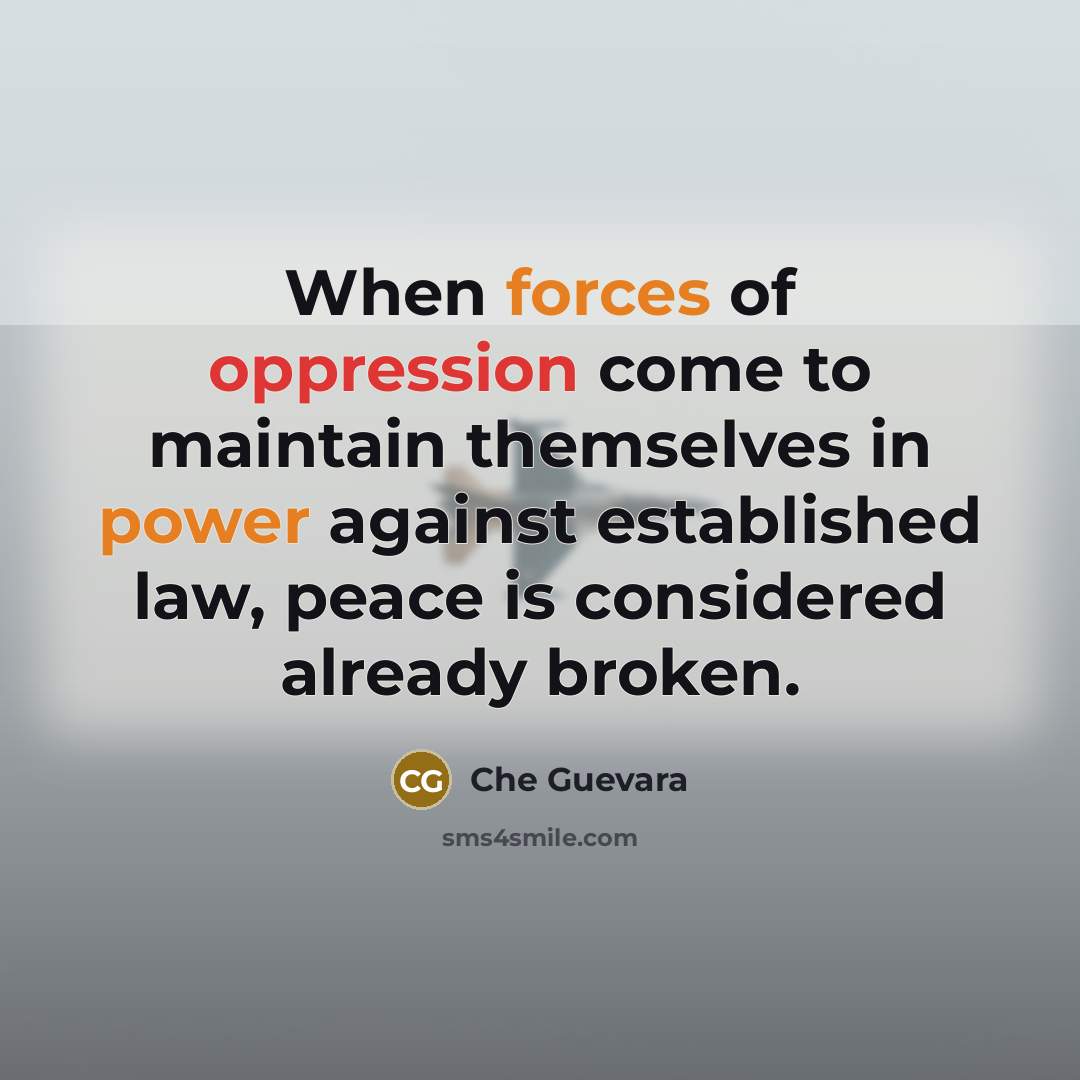 “When forces of oppression come to maintain themselves in power against established law, peace is considered already broken.” quote by Che Guevara