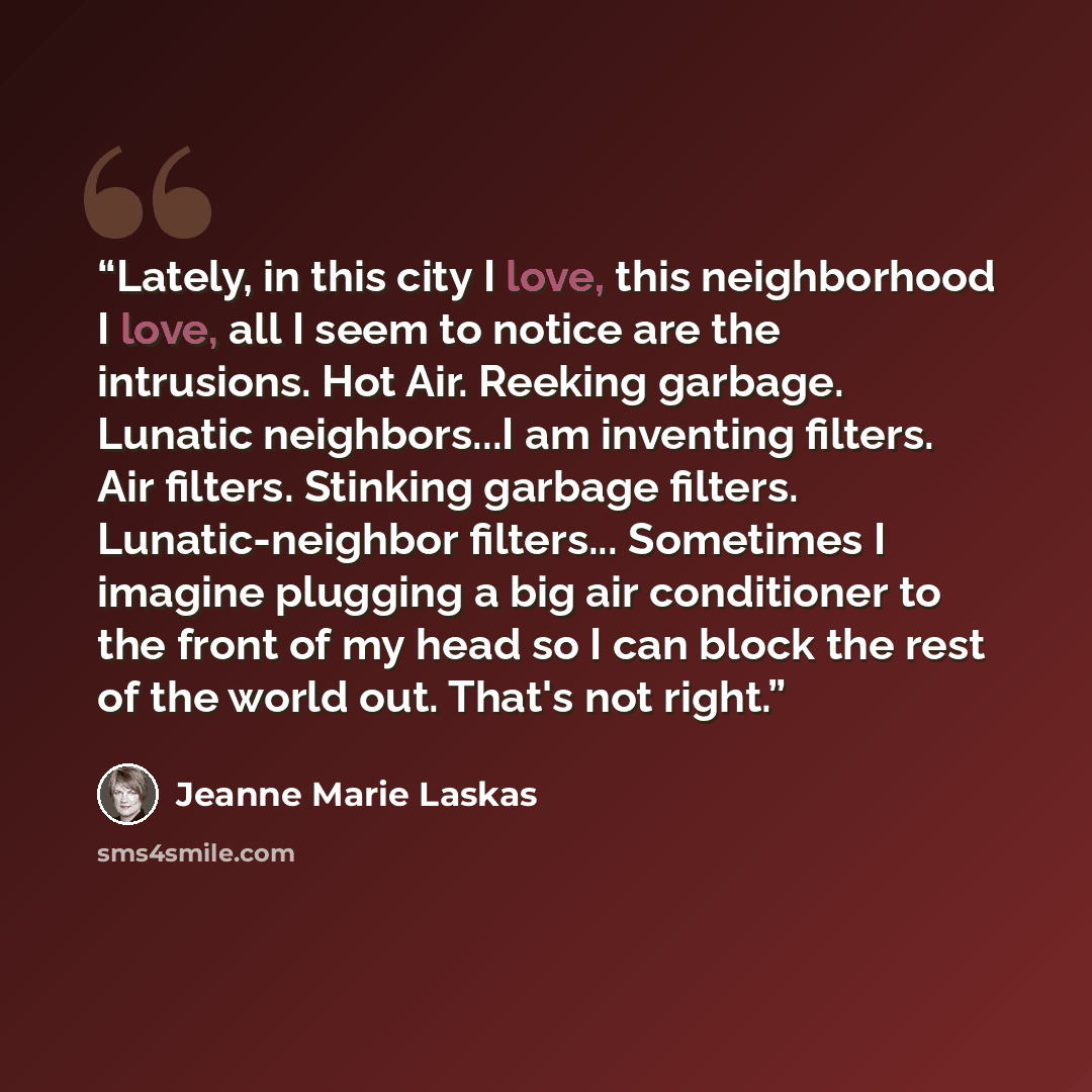 “Lately, in this city I love, this neighborhood I love, all I seem to notice are the intrusions. Hot Air. Reeking garbage. Lunatic neighbors...I am inventing filters. Air filters. Stinking garbage filters. Lunatic-neighbor filters... Sometimes I imagine plugging a big air conditioner to the front…” quote by Jeanne Marie Laskas
