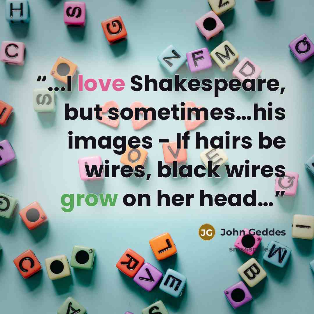 “...I love Shakespeare, but sometimes…his images - If hairs be wires, black wires grow on her head…” quote by John Geddes