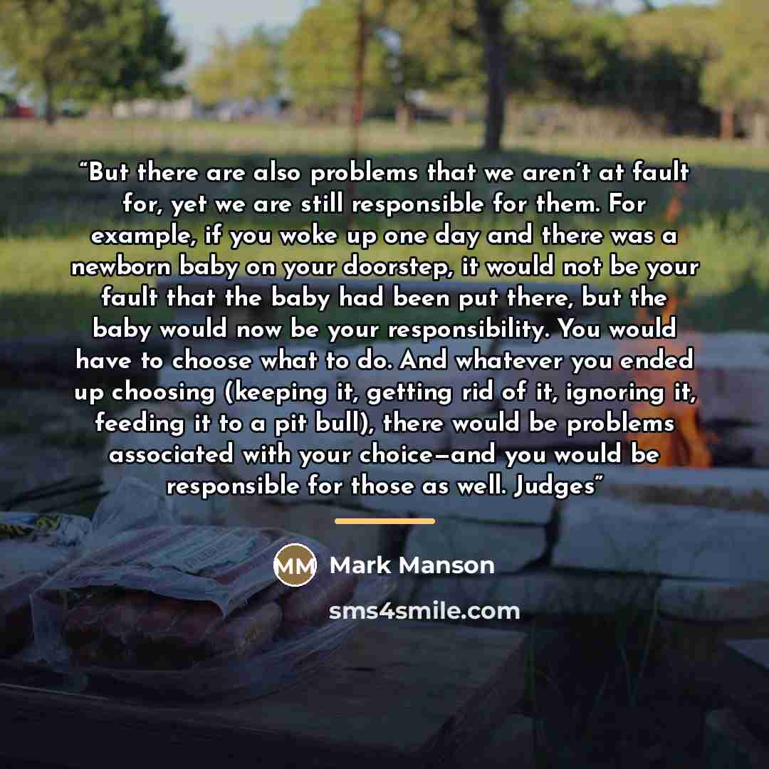 “But there are also problems that we aren’t at fault for, yet we are still responsible for them. For example, if you woke up one day and there was a newborn baby on your doorstep, it would not be your fault that the baby had been put there, but the baby would now be your responsibility. You would…” quote by Mark Manson