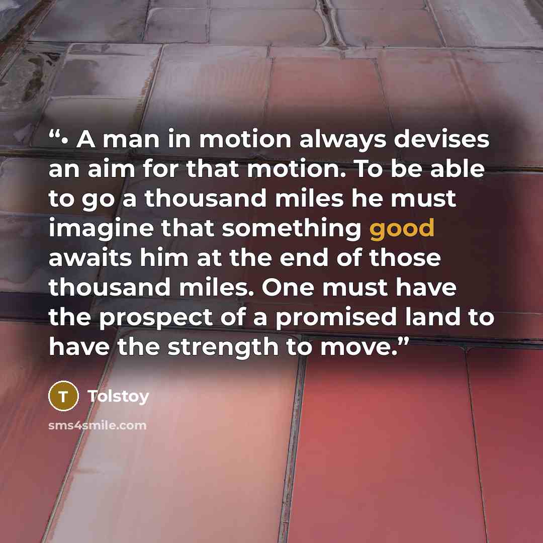 “• A man in motion always devises an aim for that motion. To be able to go a thousand miles he must imagine that something good awaits him at the end of those thousand miles. One must have the prospect of a promised land to have the strength to move.” quote by Tolstoy