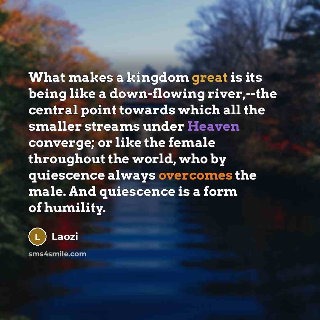 “What makes a kingdom great is its being like a down-flowing river,--the central point towards which all the smaller streams under Heaven converge; or like the female throughout the world, who by quiescence always overcomes the male. And quiescence is a form of humility.” quote by Laozi